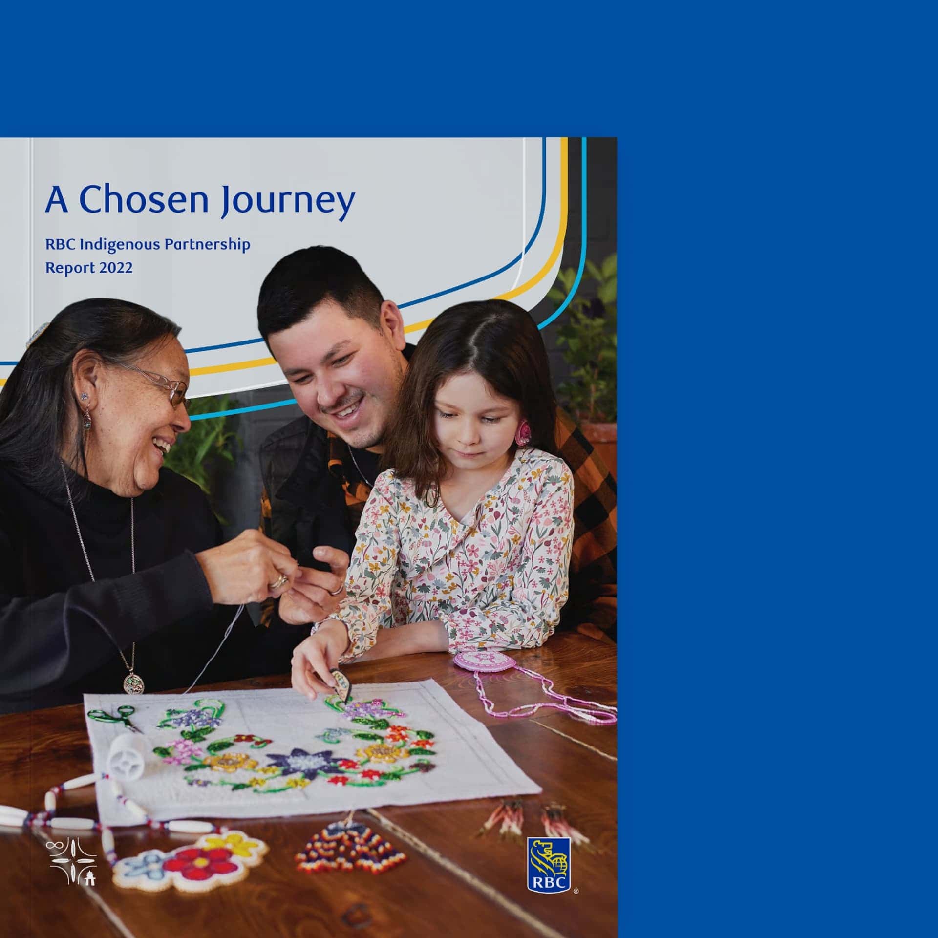 The front page of A Chosen Journey is shown facing the viewer on a blue background.