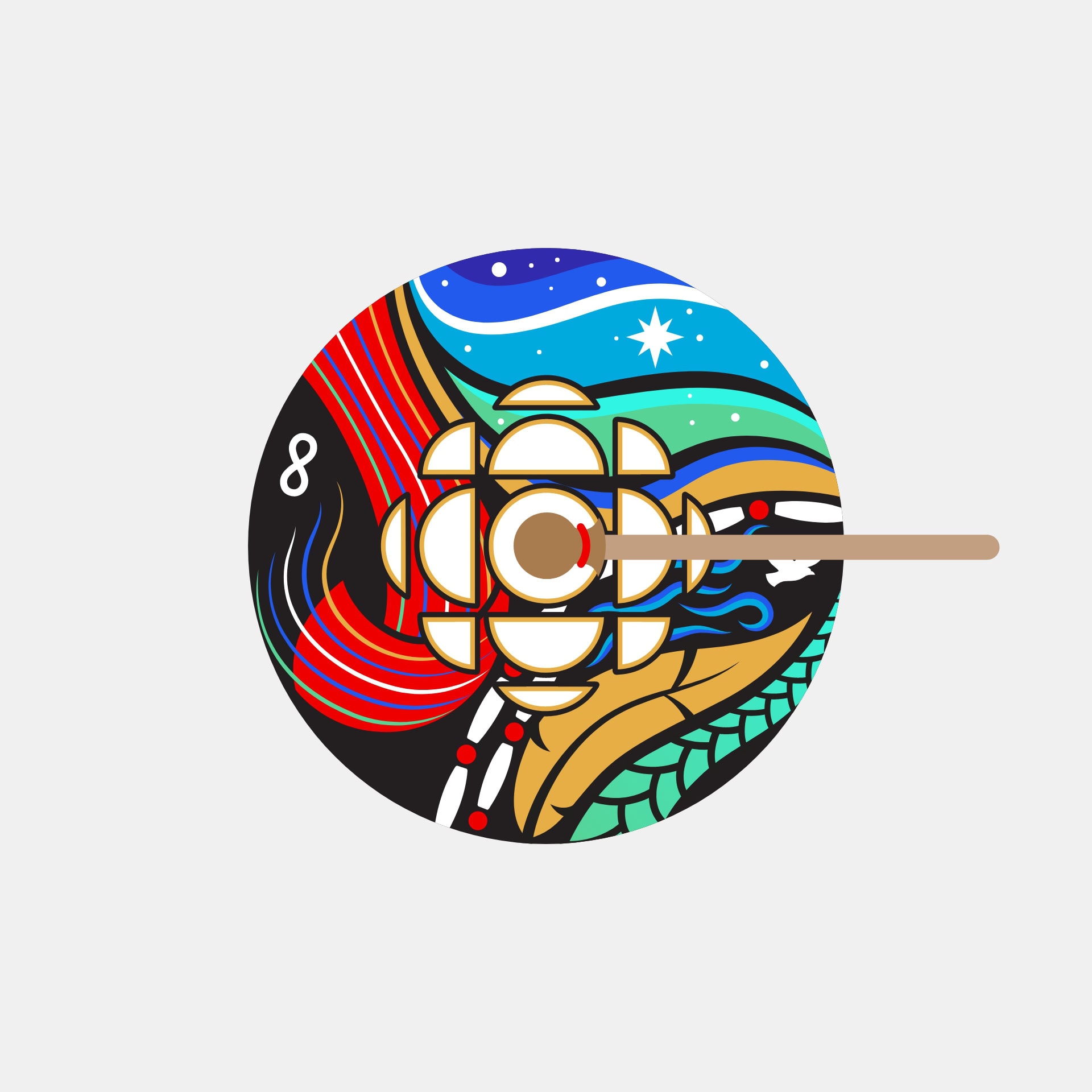 CBC's gem logo overtop an image which includes Northern lights, stars, a Metis sash and First Nation beads and medicines.