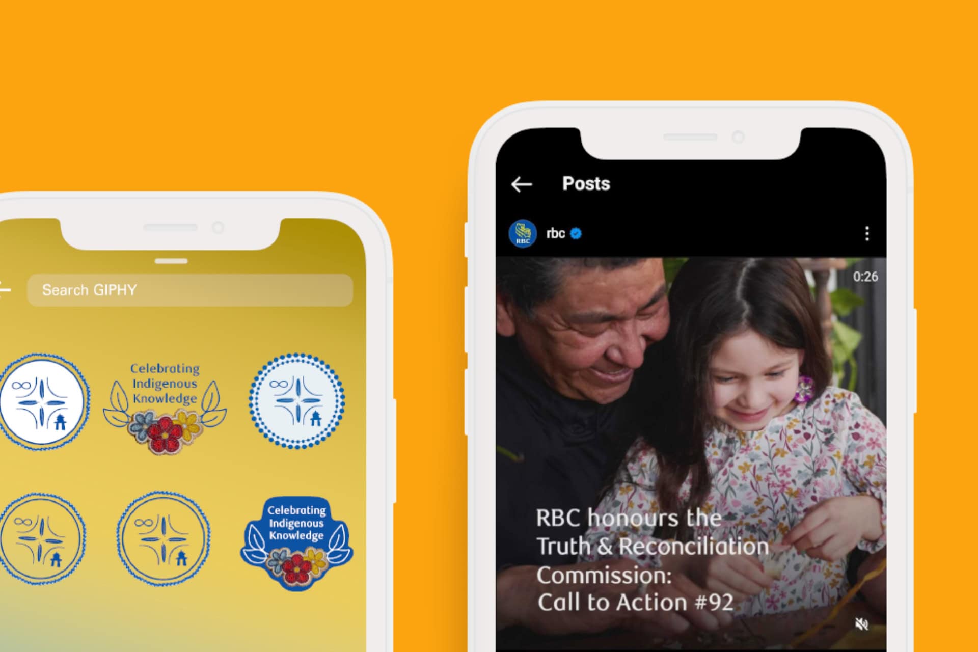 iPhone mockups of A Chosen Journey icons and branding are shown. One of the two iPhones shown has a photograph of an Indigenous man and his daughter looking at something together, overlaid with the text 'RBC honours the Truth & Reconciliation Commission: Call to Action #2'.