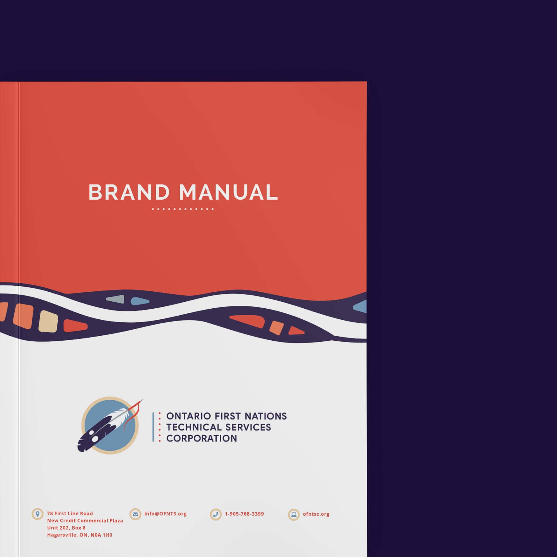 The cover of the Ontario First Nations Technical Services Corporation Brand manual. The cover is half orange, half white, separated by deep purple, wavy lines that contain sections of orange and blue within them. The top reads Brand Manual and the bottom reads Ontario First Nations Technical Services Corporation with their logo to the left of the text.