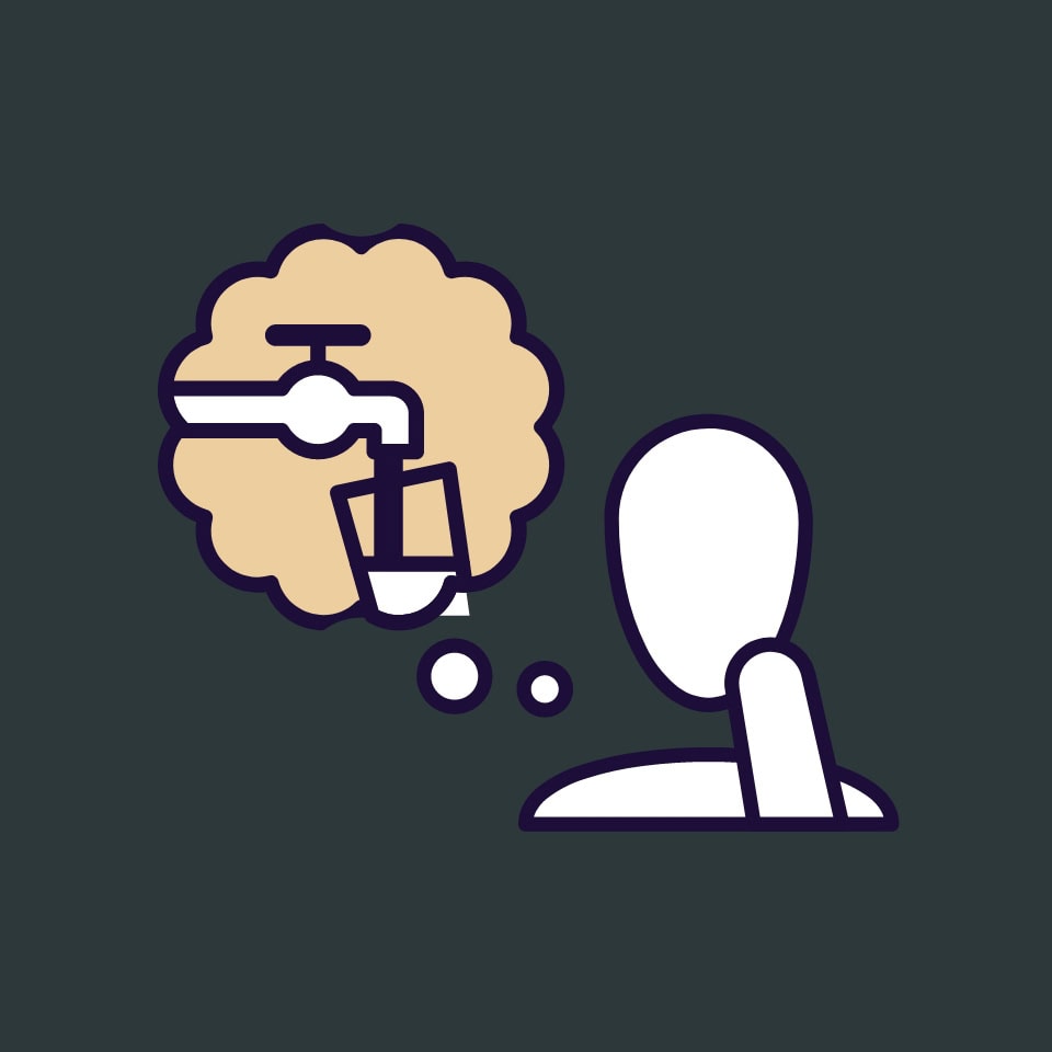 An icon in a service series. The icon features a person with a thought bubble above their head. In the thought bubble is a tap with water pouring out of it into a clear glass.