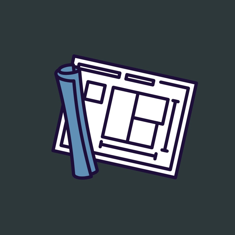 An icon in a service series. The icon features blueprints of a home. One of the blueprints is rolled up and coloured blue, and the spread out page behind it features the blueprints themselves on a white piece of paper.