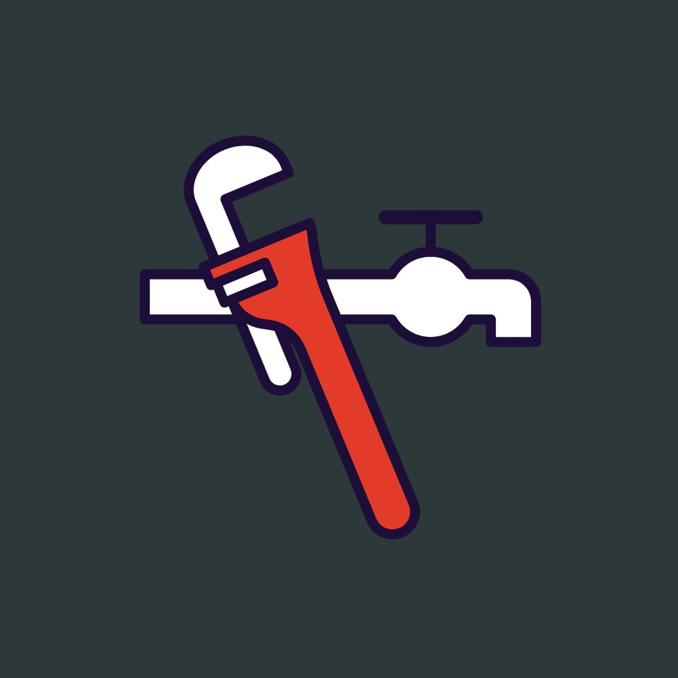 An icon in a service series. The icon features a pipe with a handle to turn the water on and off. Layered on top of this pipe is a wrench with a red handle.