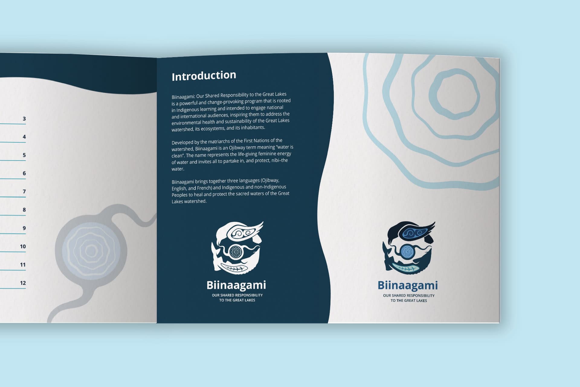 The inside of the Biinaagami brand guide is open and pointed towards the viewer.
