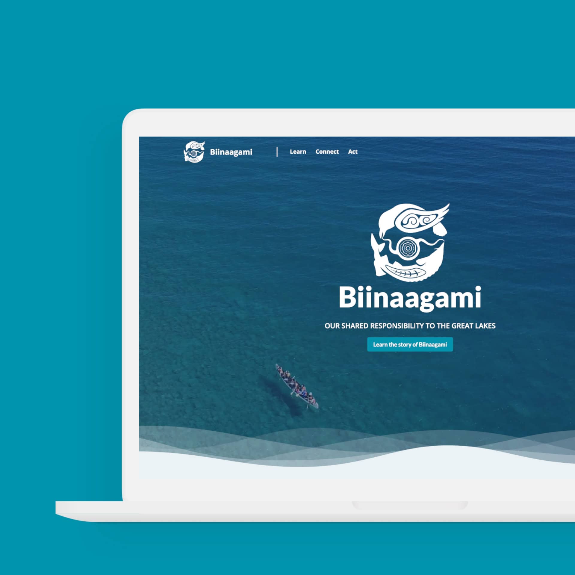 A mac mockup of the Biinaagami website is shown, with the logo prominently displayed against the animated water video on the homepage.