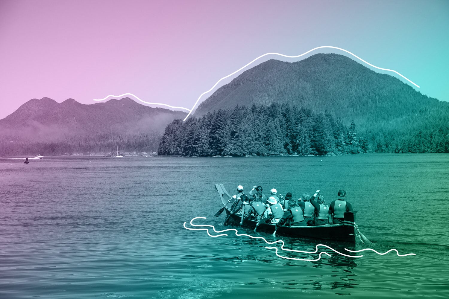 A group of people are paddling a canoe across a lake towards mountains. There is a gradient over the photograph.