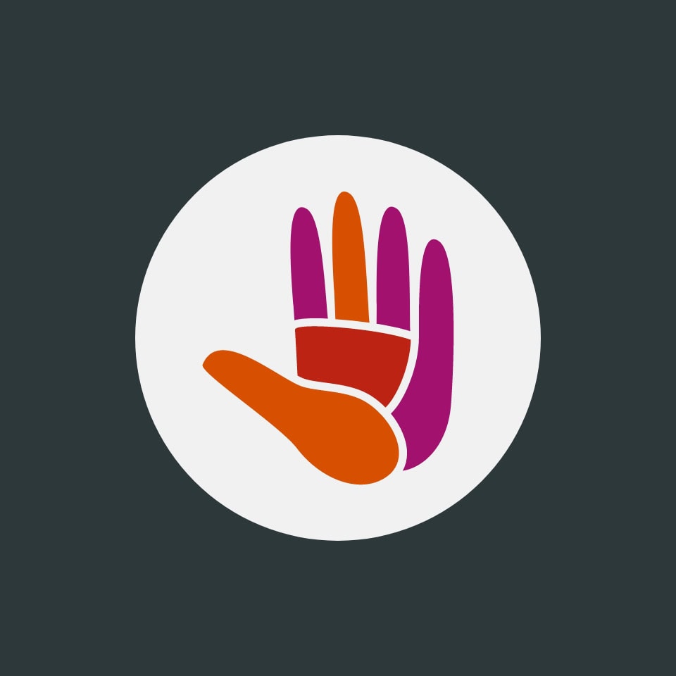 An icon in an off-white circle. The icon features a colourful left hand. The thumb, palm, and middle finger are orange, the pinky finger is yellow, and the index and ring finger are magenta.