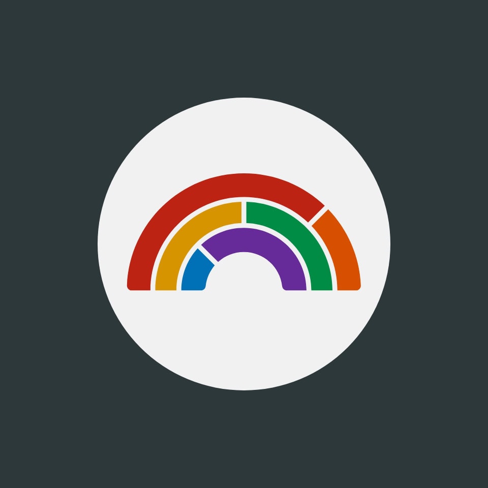 An Icon in an off-white circle. The icon features a segmented rainbow, with the first line being red and orange, the second line being yellow and green, and the third line being blue and purple.