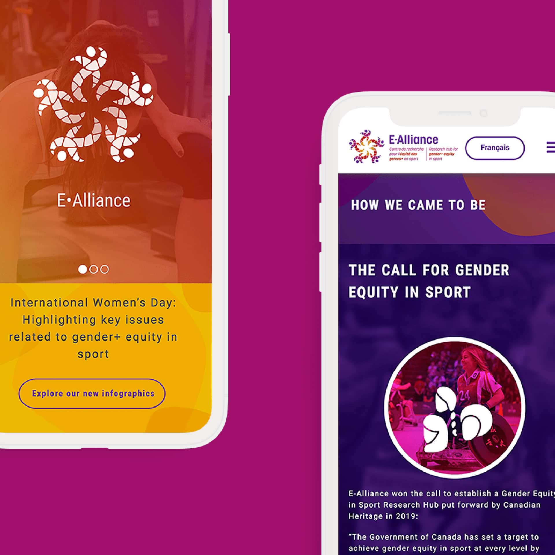 An i-phone mockup of the E-Alliance website. The site features the E-Alliance logo in white on a carousel, and the yellow section below it is a blurb about International Women's Day.
