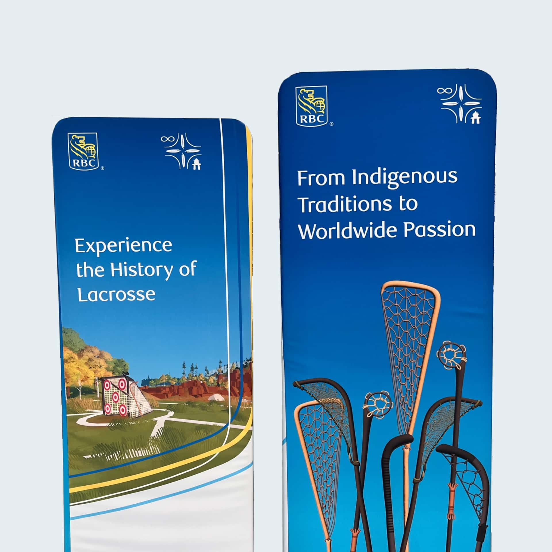 iPhone mockups of the VR experience. One says 'Experience the History of Lacrosse' and the other displays the text, 'From Indigenous Traditions to Worldwide Passion'.