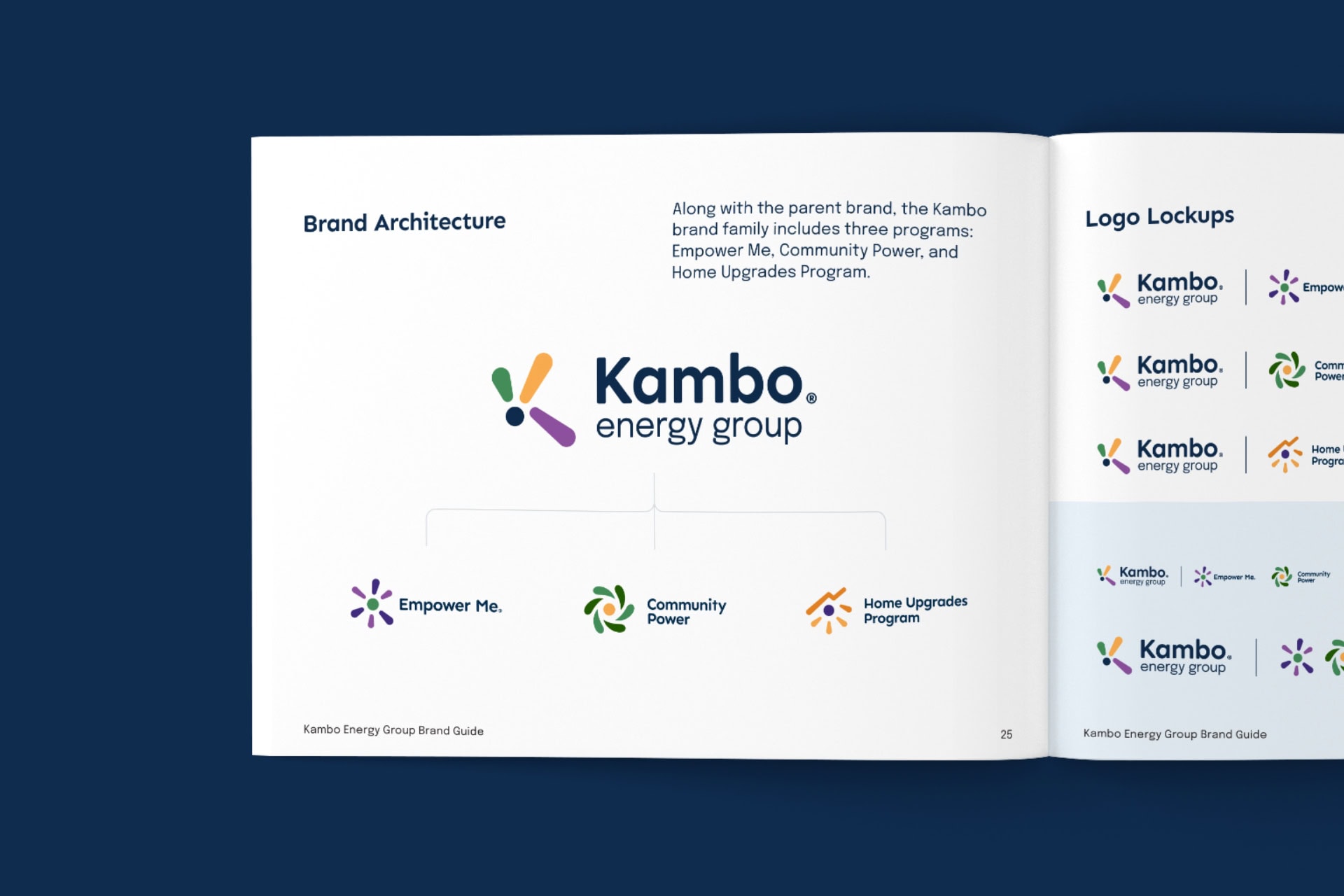 The Kambo energy group brand guide is open to the first page. At the top of the page is a title in their brand colours indicating the topic is about 'Brand Architecture'.