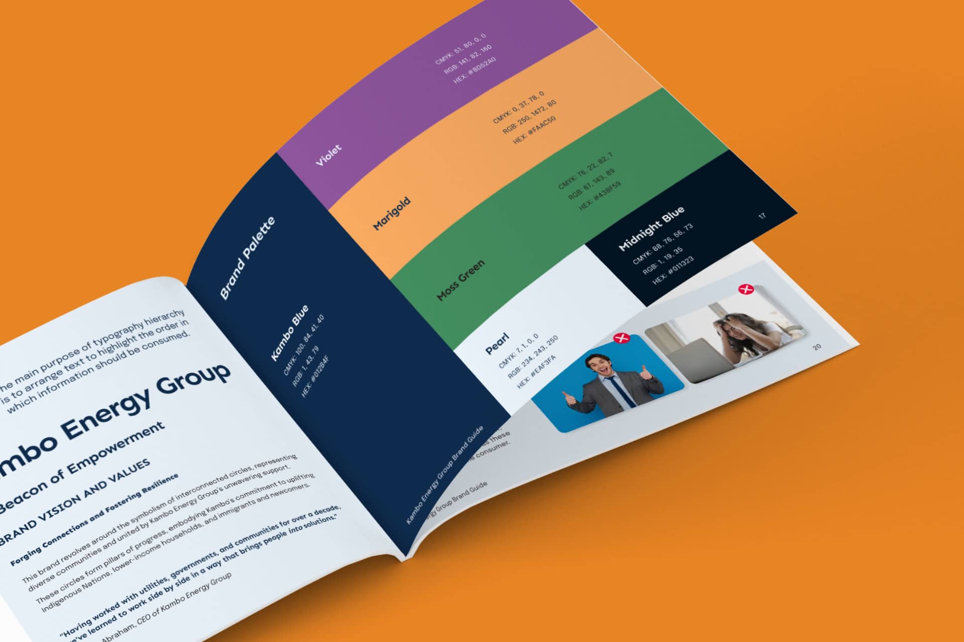The interior of the Kambo Energy Group brand guide is shown, with colours indicating the different aspects of this brand's identity.