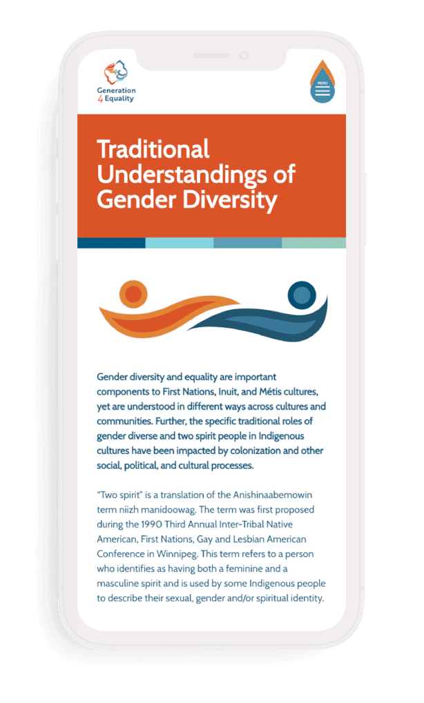 An i-phone mockup of the Generation 4 Equality website. The title reads "Traditional Understandings of Gender Diversity" There is an icon on the page with one orange person and one blue person extending their arms towards each other, and underneath the icon there is a blurb about Gender diversity and equality in First Nations cultures.