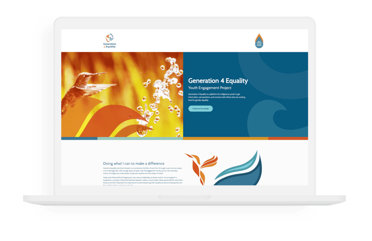 A macbook mockup of the Generation 4 Equality website. The title reads 'Generation 4 Equality', and the subtitle reads 'Youth Engagement Project'. Next to the titles there is an orange image of a hummingbird. Below this section, the title reads 'Doing what I can to make a difference'.