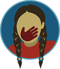 An icon in a dark blue circle. The icon features an indigenous woman with two long braids on either side of their head. Her face is blank but features a red handprint over where her mouth would be.