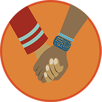 An icon in an orange circle of two Indigenous people holding hands. The person on the left is wearing a red long sleeve shirt with two teal stripes at the bottom, and the person on the right is wearing two bracelets, one of which is a large blue bracelet with gold flecks, and the other is a light blue bracelet made of beads.