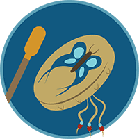 An icon in a dark blue circle. The icon is of a hand drum and drumstick. The drum has a butterfly on it and 3 tassels coming off of the bottom.