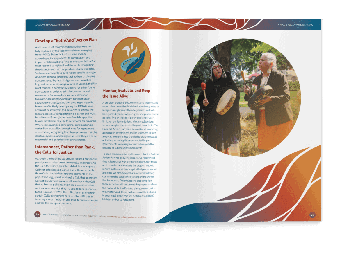 An internal spread for the NWAC report on MMIWG. The spread features several steps in the action plan to keep the issue alive and interconnect the calls for justice.