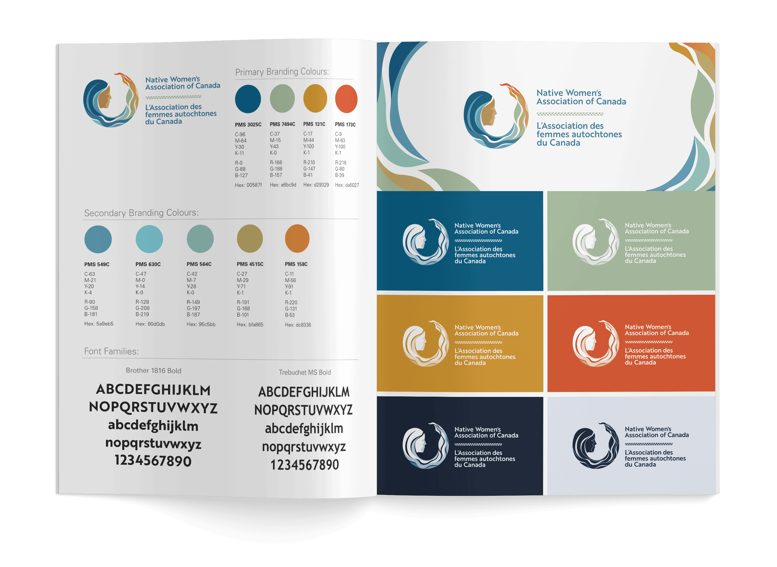 An internal spread of the NWAC brand guide. The left page features the primary and secondary colours for NWAC as well as the fonts they use, and the right page features the treatments of the logo on several different coloured backgrounds.