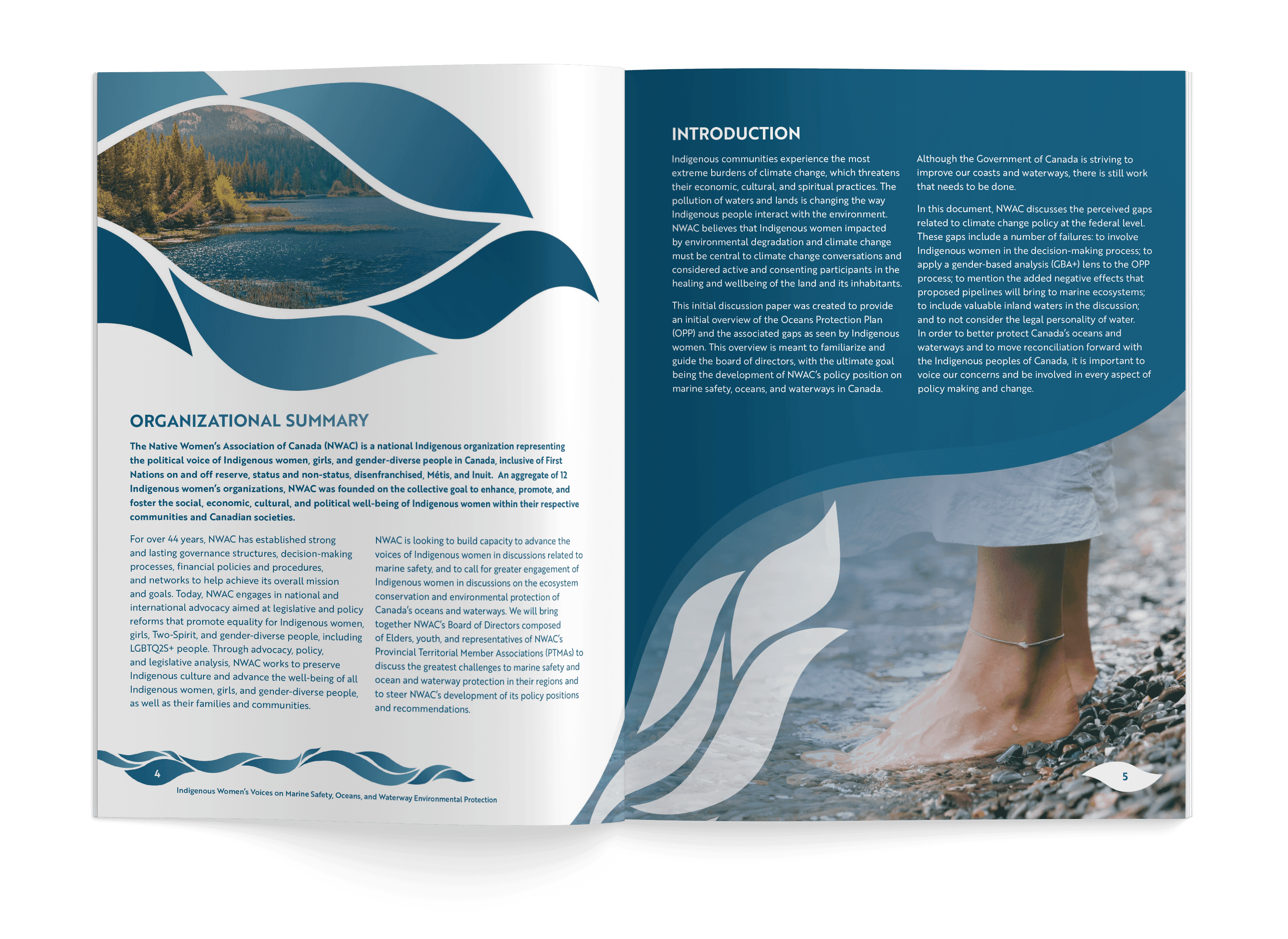 An internal spread of the NWAC Marine Safety booklet. The spread features an Organizational Summary as well as as introduction. There are blue water graphics along the pages. On the left page, the water graphic has an image of a lakeside within the largest shape, and on the right page there is an image of a woman standing with their feet in the water on a rocky beach.