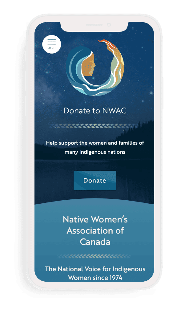 An iPhone mockup of the Donate section for the NWAC website. The page theme is blue with white text and features the NWAC logo and the donate section with a blurb about NWAC at the bottom of the page.