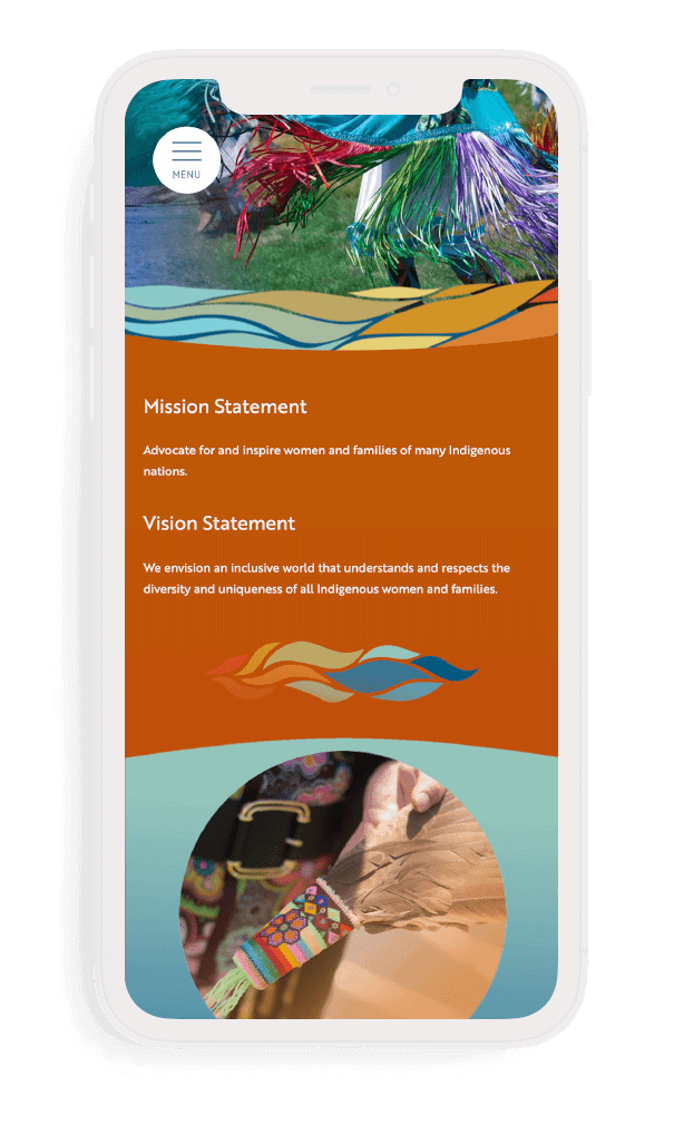 An iPhone mockup of the NWAC Mission and Vision Statement section. The site Features a colourful page with the text on an orange background with images on the top and bottom of the page.