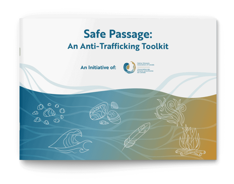 The cover for the Safe Passage Anti-Trafficking Toolkit booklet by NWAC. The cover features a blue to yellow gradient bottom section with line illustrations of rocks, shells, waves, a feather, wind, and fire, and the top section contains the title and the NWAC logo.