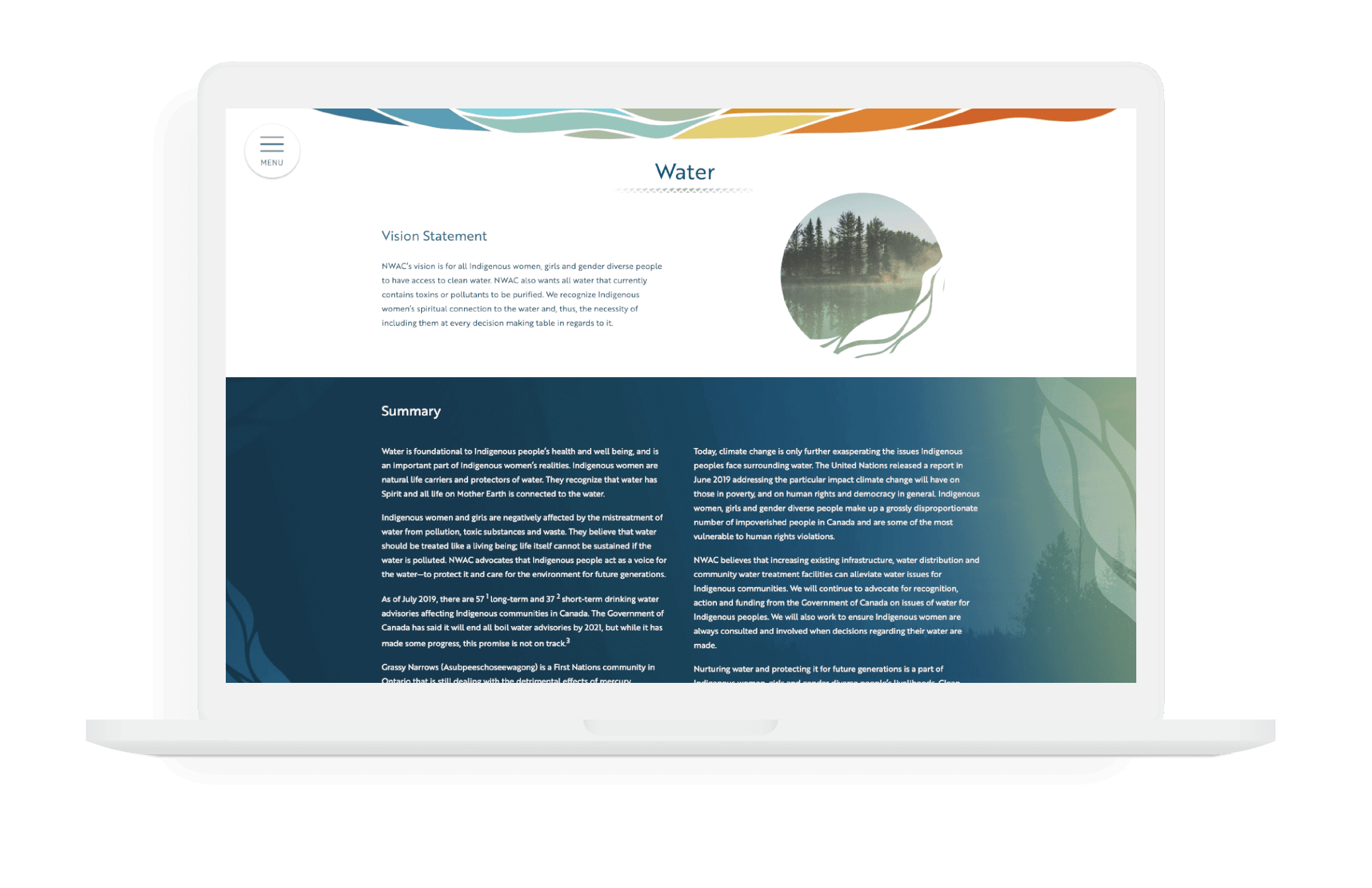 A Macbook mockup of the NWAC website's water section. The site features a vision statement and a summary.