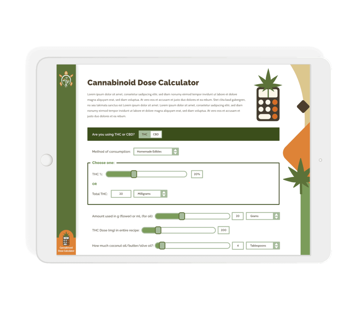 An iPad mockup of the NWAC Cannabinoid Dose Calculator. The calculator features options for THC or CBD, including a percentage or total THC in milligrams, amount used in grams or millilitres, and an option for how much coconut oil/butter/olive oil.