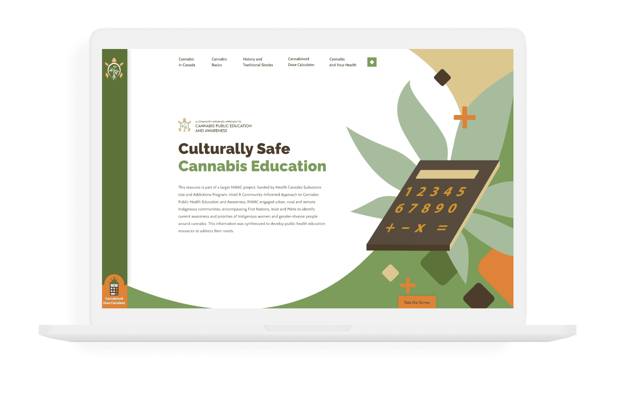 A macbook mockup of the NWAC Culturally Safe Cannabis Education homepage. The page features a calculator with a cannabis leaf underneath it, and a blurb about the goals of the Culturally Safe Cannabis Education initiative.