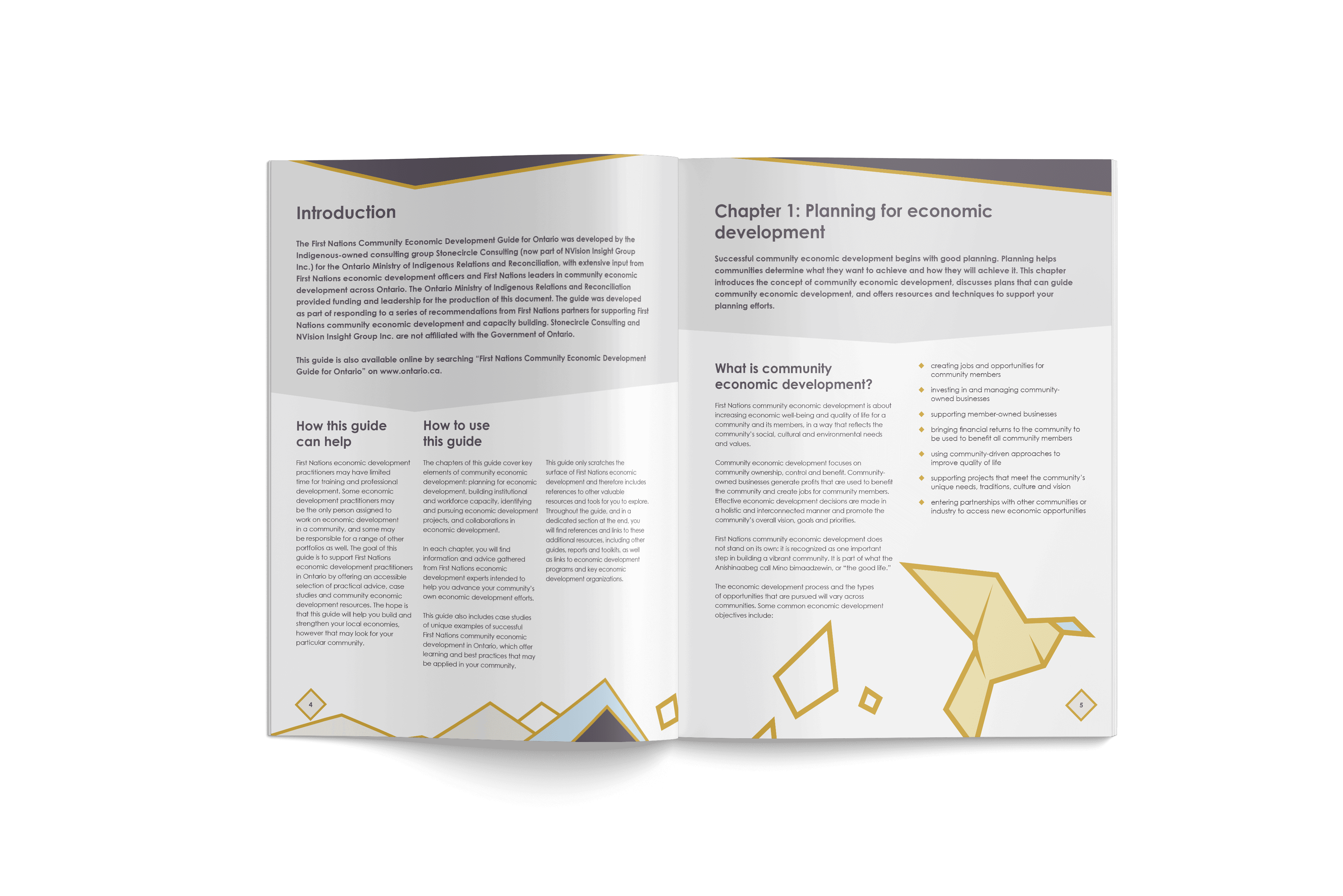 An interior spread of a Government of Ontario Economic Guide book. The spread features an introduction, and the right page reads "Chapter 1: Planning for economic development". The title sections are separated from the white page with a light grey triangular shape, and the bottom of the page features a spread of diamond shapes leading towards a geometric yellow bird.