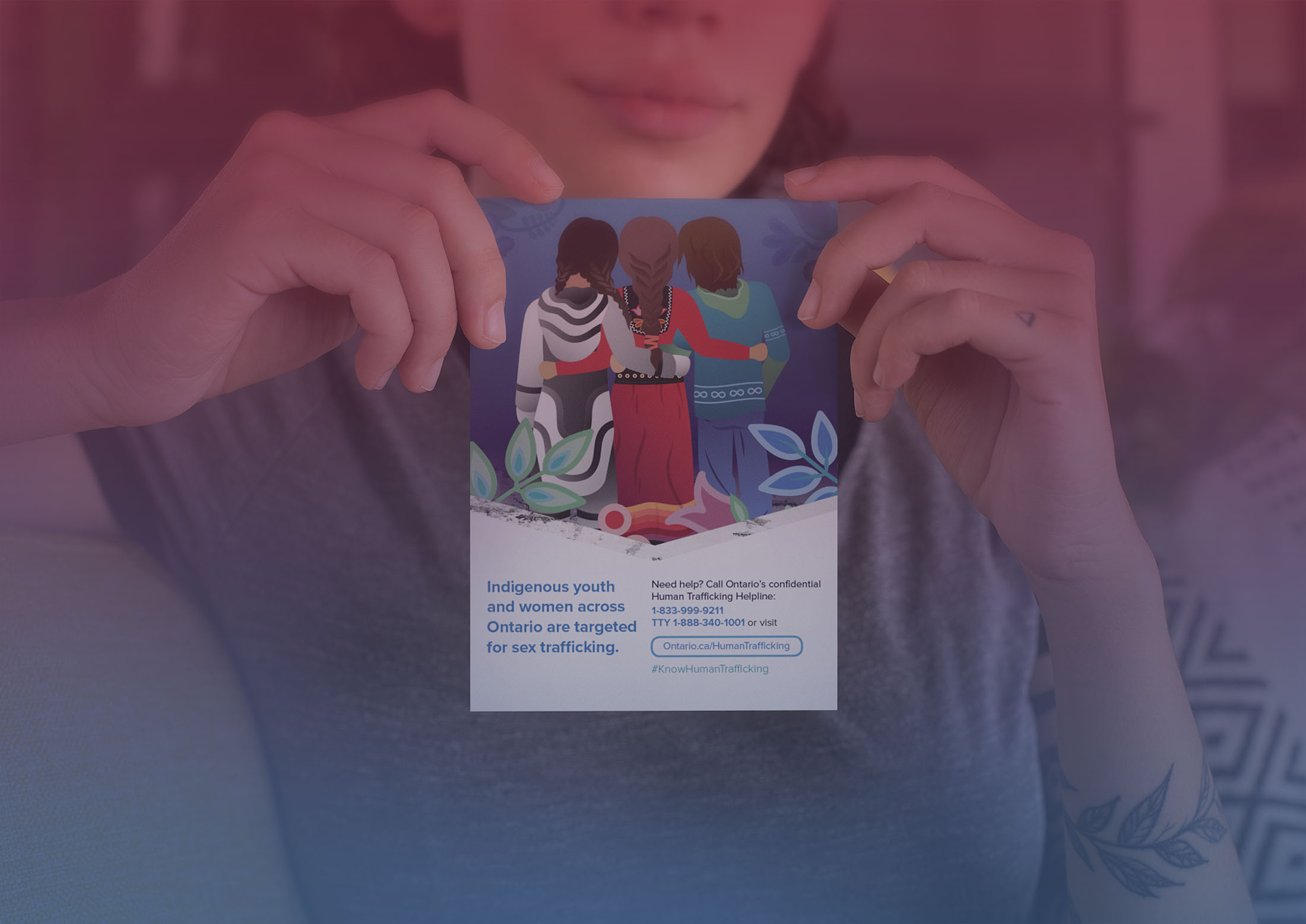 A mockup of a postcard with the Ministry of Children, Community and Social Services on a campaign called Know Human Trafficking.
