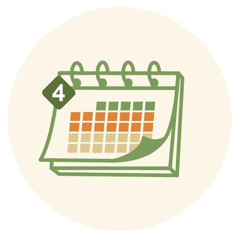 An icon of a Calendar with a 4 on its top left side. The calendar is outlined in green with green, orange, and pale yellow squares for dates. The icon is within a very pale yellow circle.