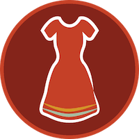 An icon in a deep red circle. The icon is of a red dress, which is the symbol for Missing and Murdered Indigenous Women and Girls and their families.