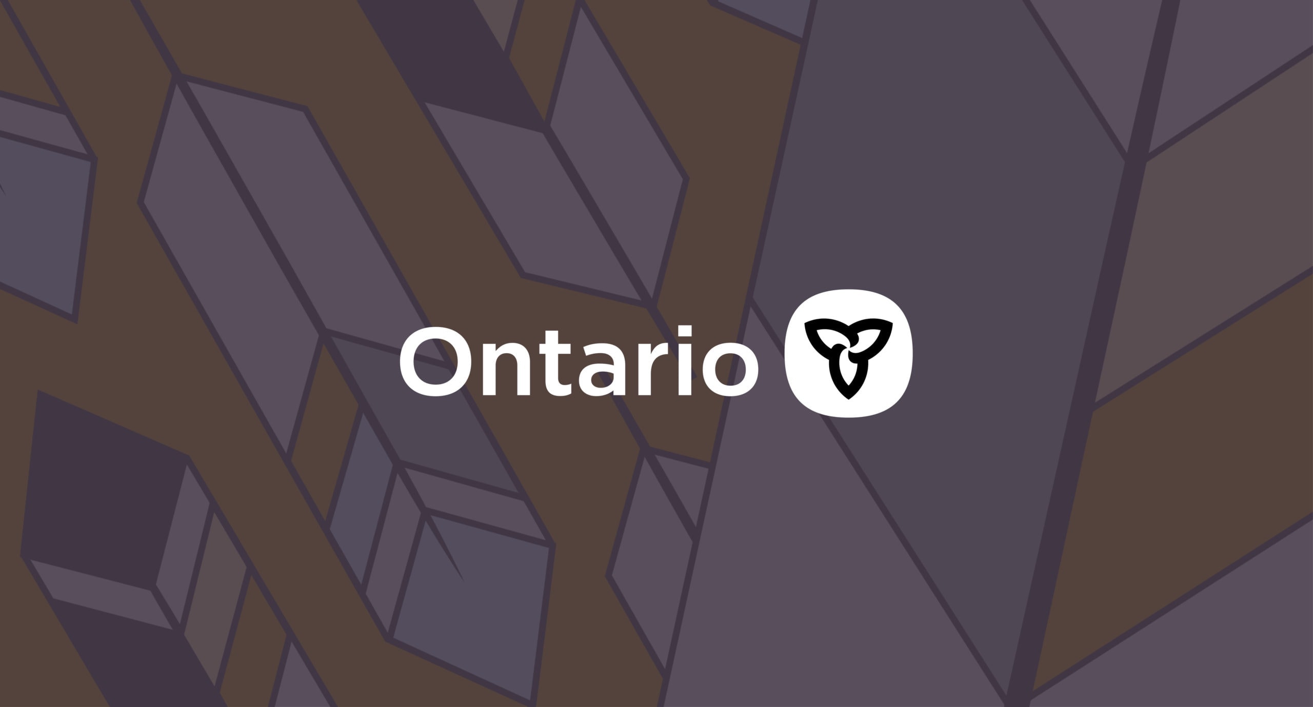 A banner image for the Government of Ontario. The background of the image features geometric feathers in a diagonal pattern on a yellow background. There is a deep purple overlay on the entire background, and in the centre of the image, the Government of Ontario logo is displayed in white. The logo reads "Ontario" and features the 3 petalled flower symbol in black, within a white, rounded square.