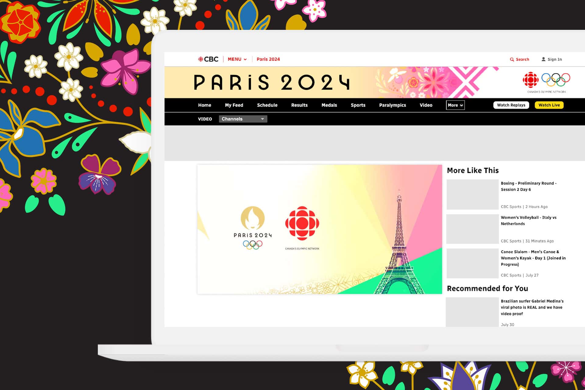 A laptop mockup shows the CBC website highlighting Paris 2024. DDP's designs are incorporated into the post.