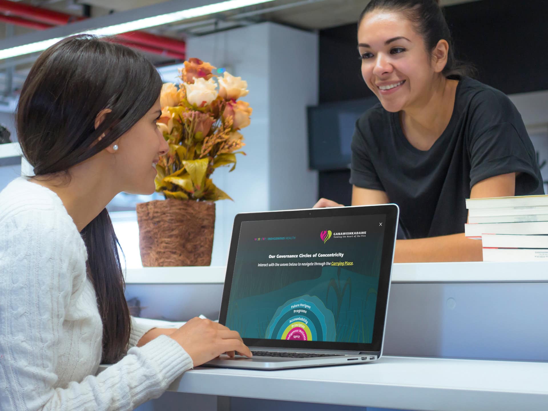 A woman leans on a counter smiling at another woman sitting behind it. On the second woman's laptop is the menu of the Centre for Wise Practices website, arranged in concentric circles.