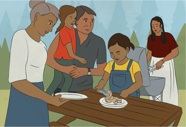 Illustration of an Indigenous family barbecuing outdoors. A child is serving food to an elderly woman with tongs.