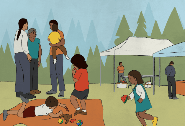 Illustration of an outdoor gathering with Indigenous adults and children playing in the grass.