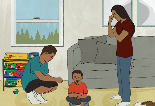 Illustration of a mother and father talking a crying child through a difficult situation