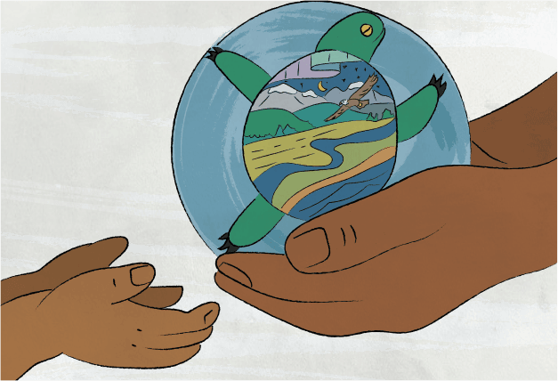 Illustration of adult hands passing the earth with turtle island to child's hands.