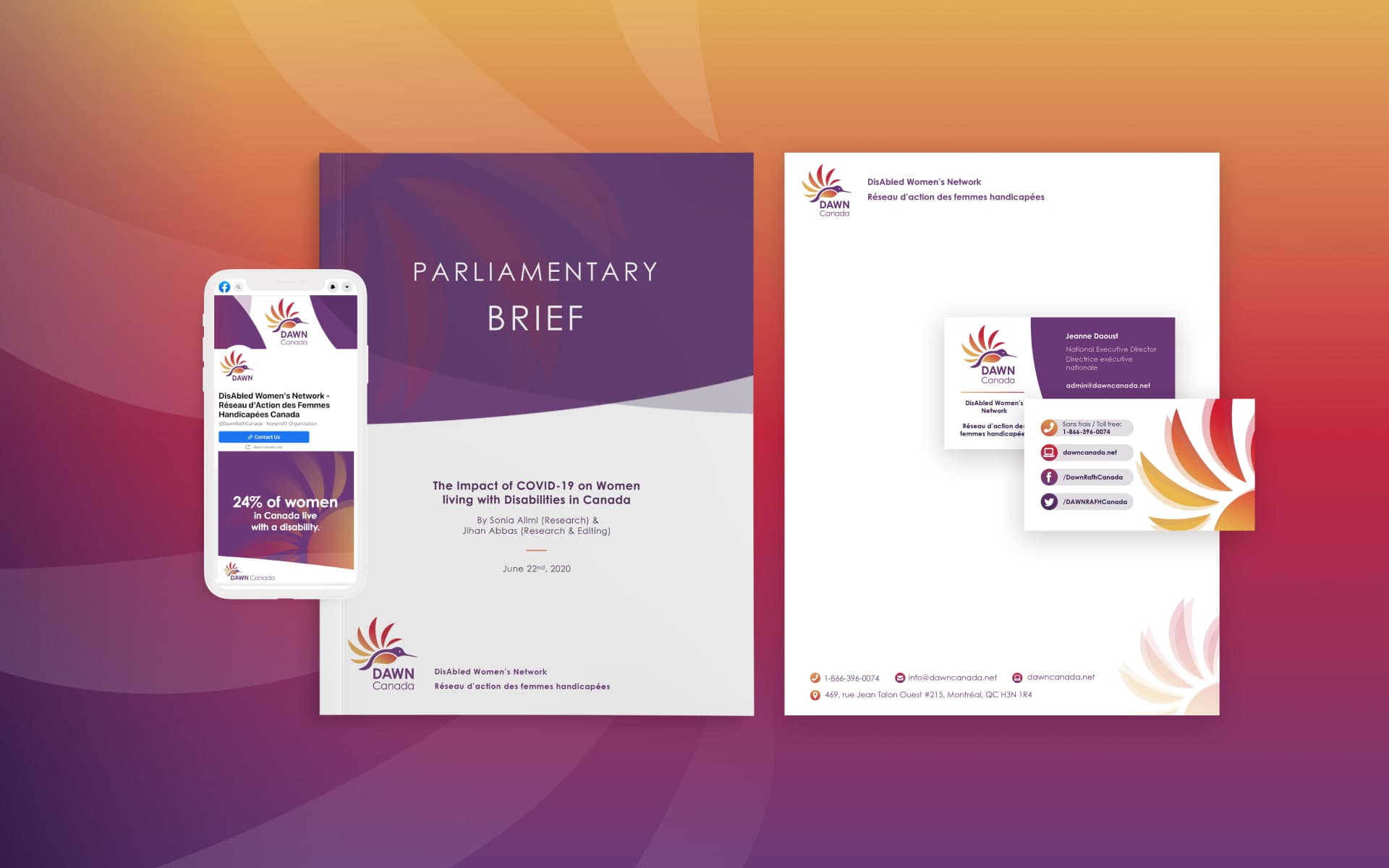 DAWN Canada material laid out on a sunset gradient background. The items featured include a cell phone with the DAWN Canada Facebook page, a Parliamentary Brief booklet, a branded letterhead, and the front and back of a DAWN business card.