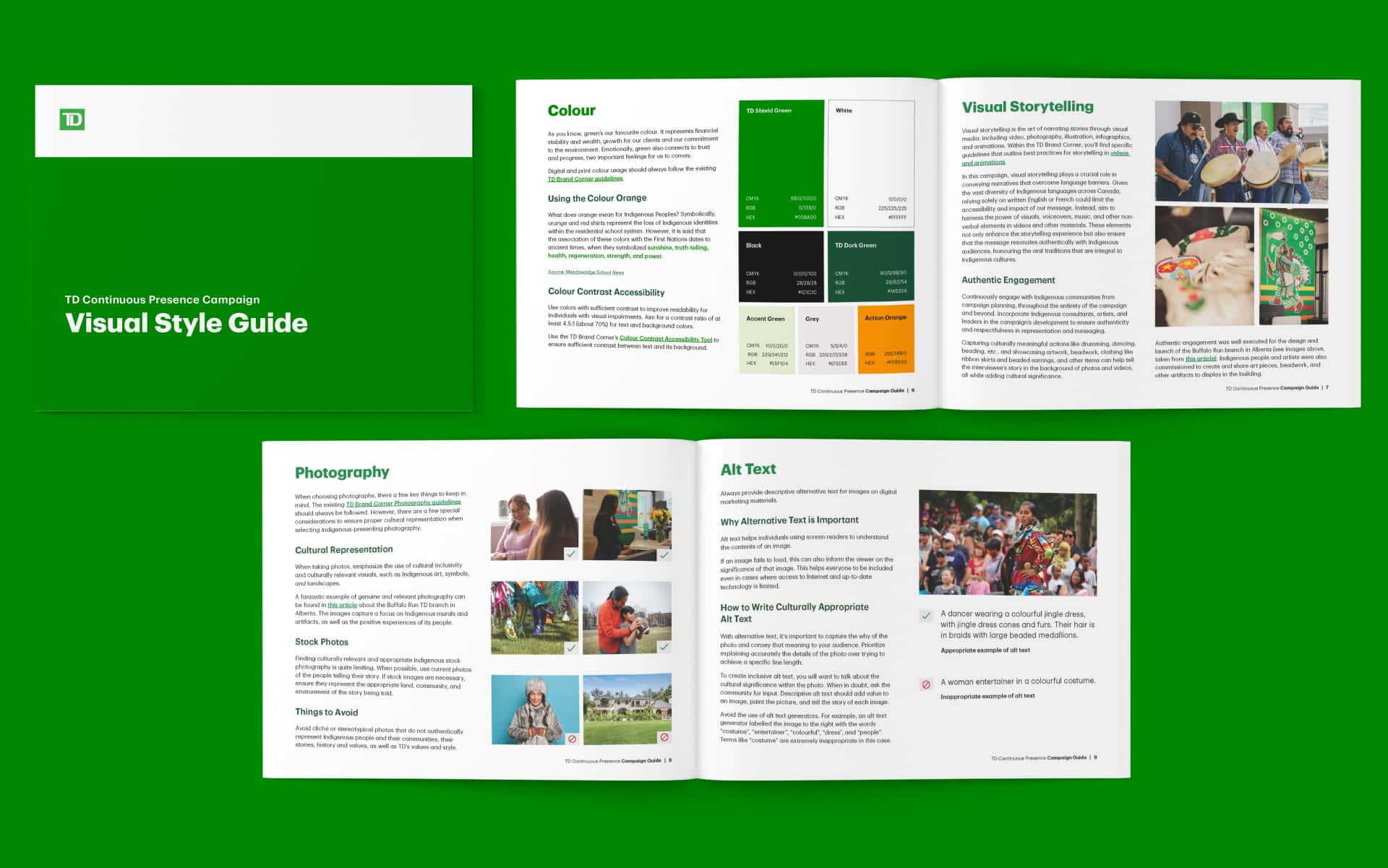 A printed copy of the Visual Style Guide booklet for the TD Canada national campaign, including colour guides, visual storytelling descriptions and tips for photography and Alt text.