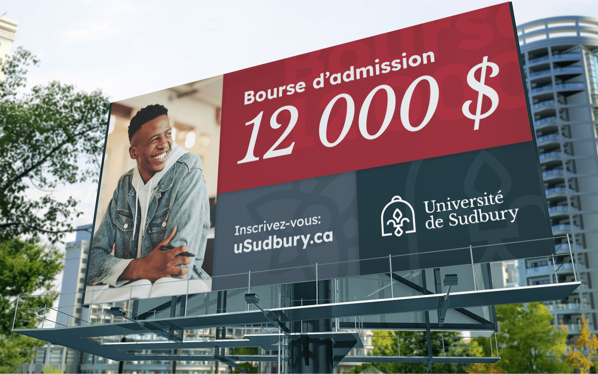 French billboard featuring a smiling young Black student, promoting twelve thousand dollars in bursaries