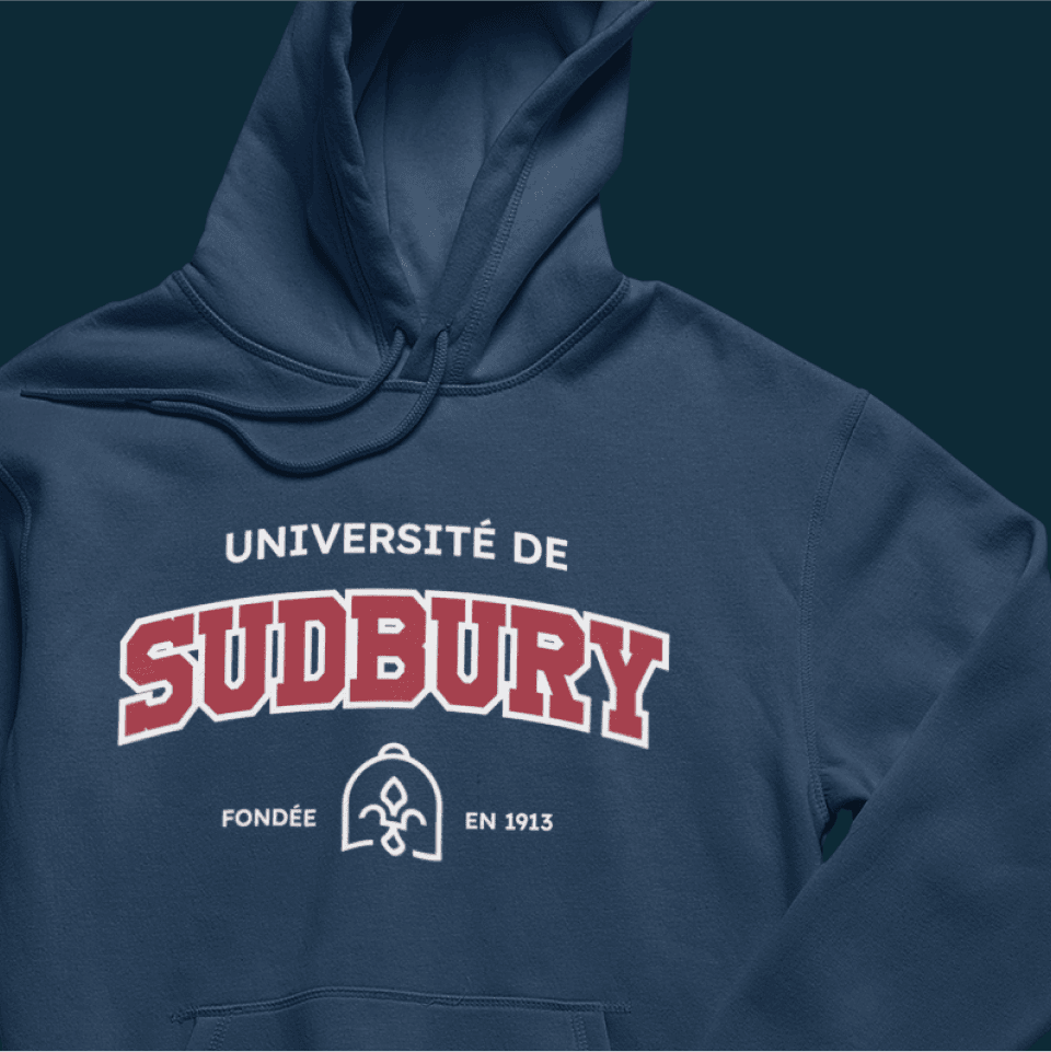 Dark blue hoodie with the Université de Sudbury logo on the chest in white and red