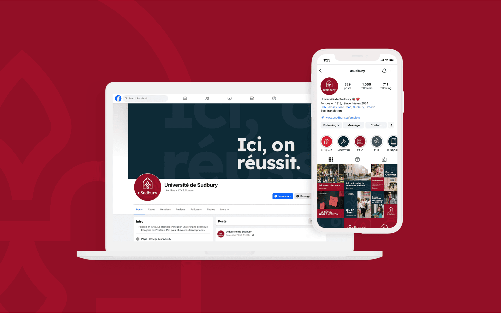 A laptop and cellphone displaying social media for Université de Sudbury with branded banners and social posts.