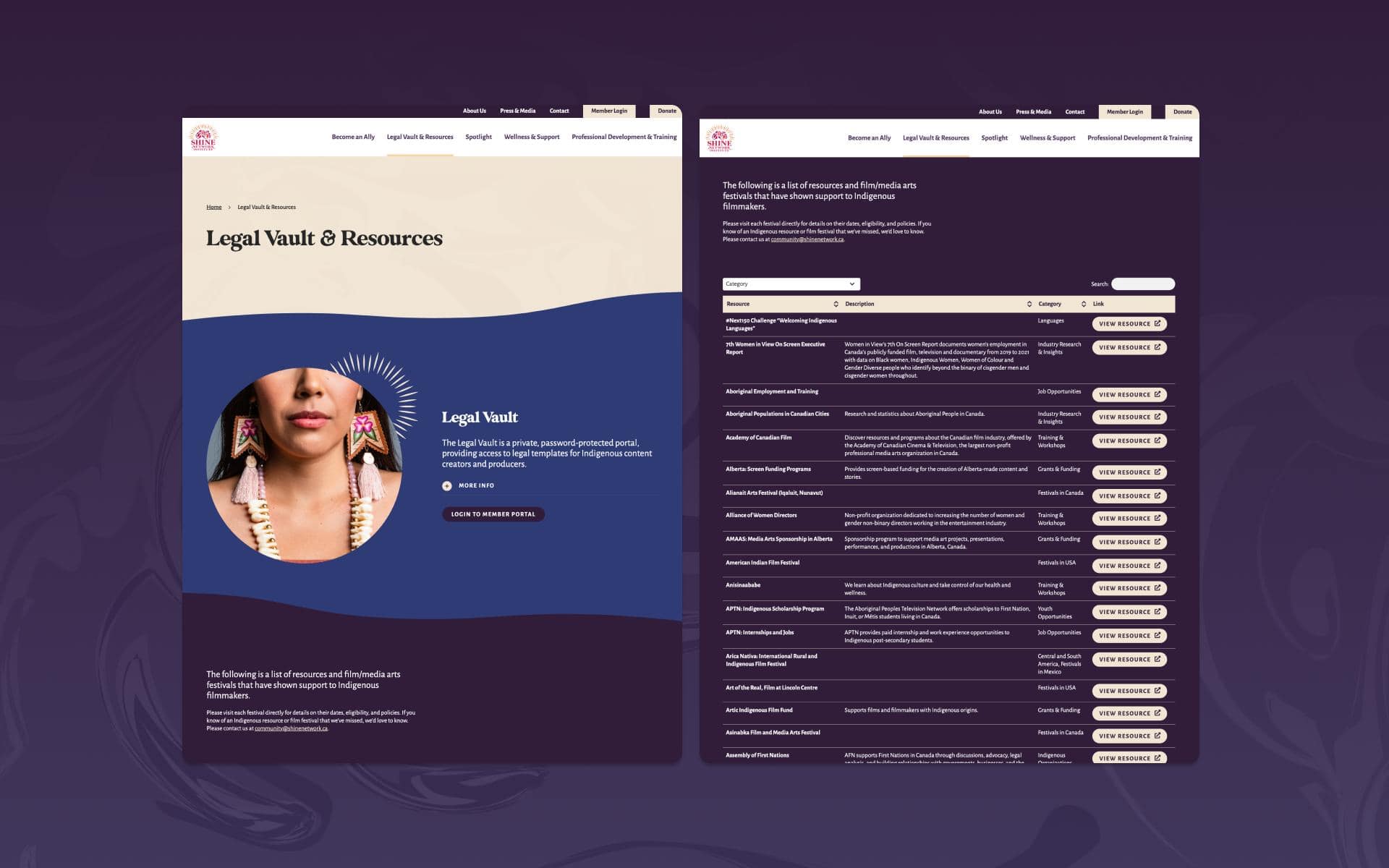 Two screens on a purple swirling background displaying the view of the Legal Vault & Resources page of the website and how the resources are sorted.