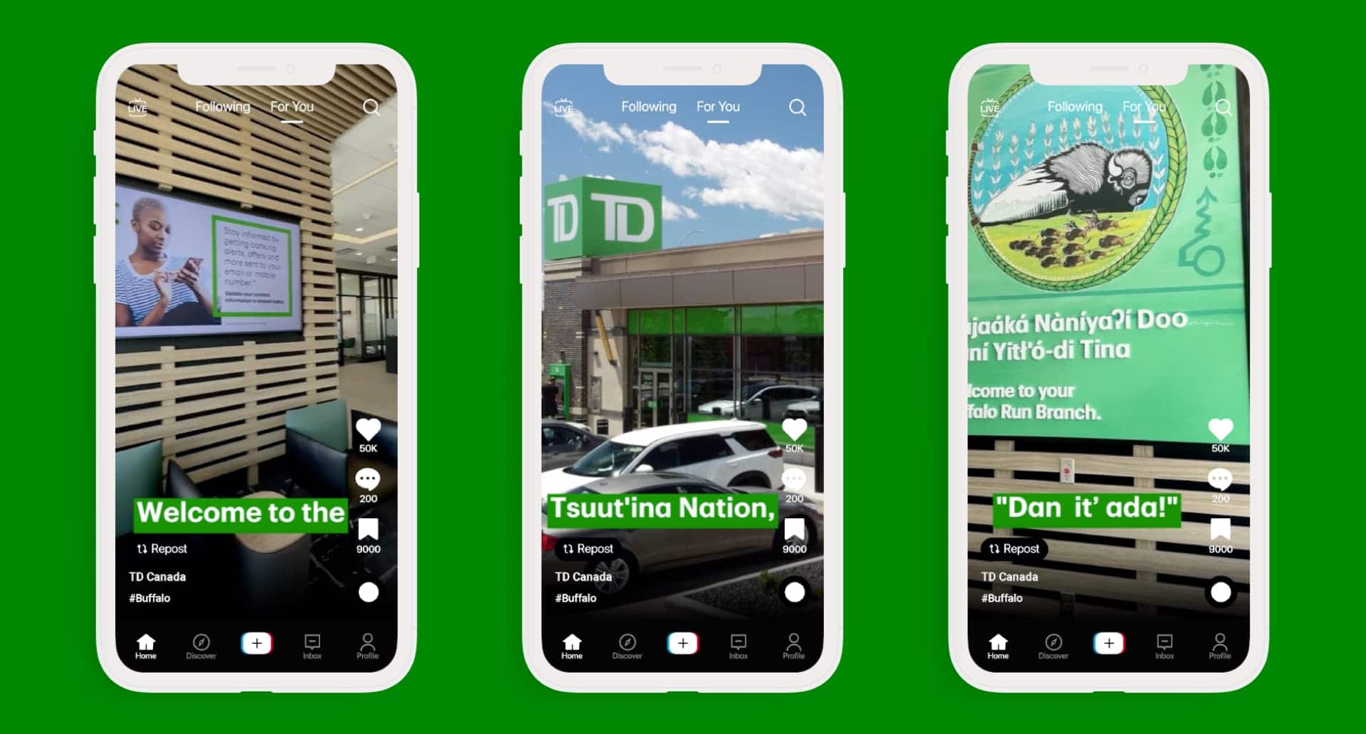 Three cell phone mockups featuring social media reels from TD Canada featuring the Tsuut'ina Nation