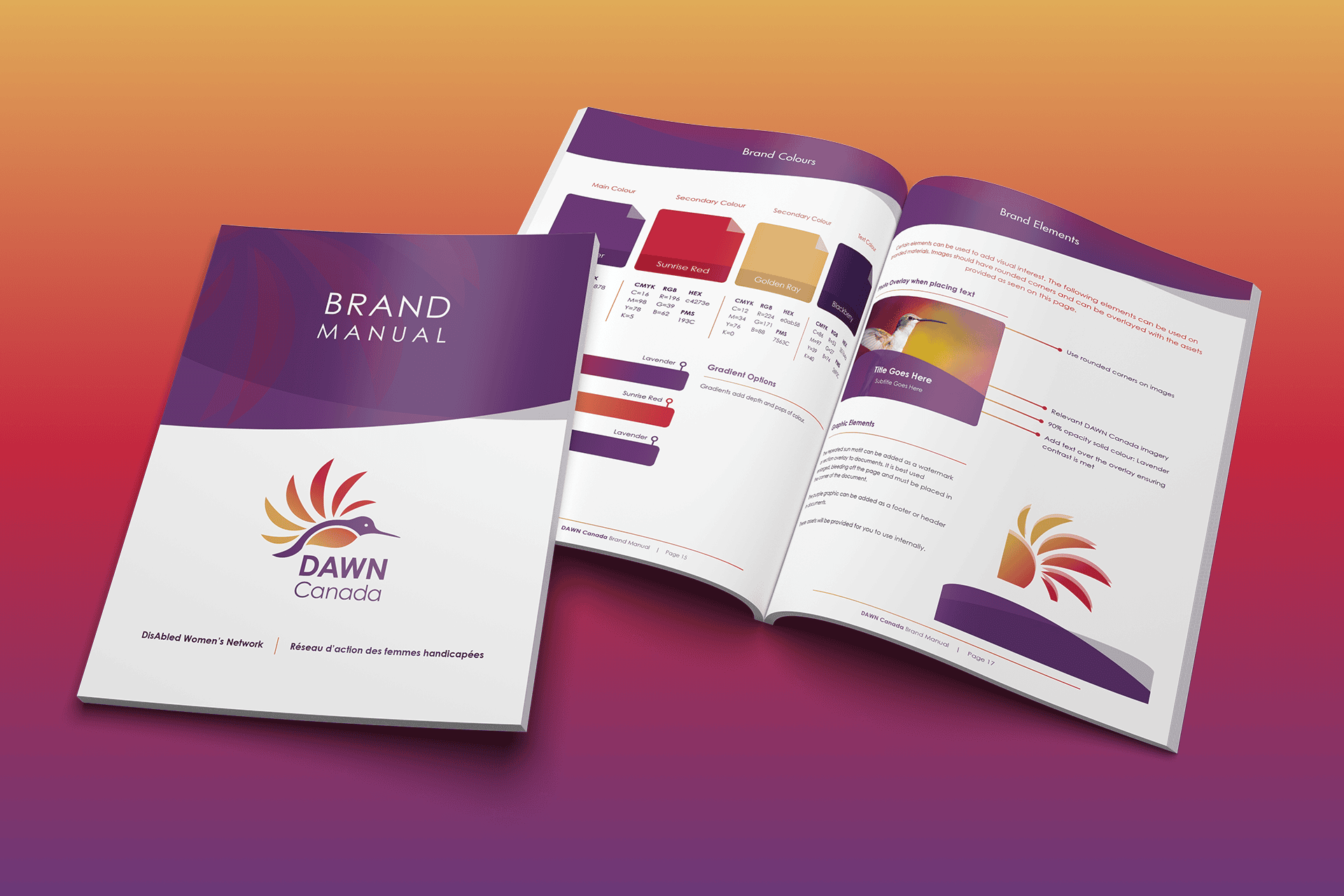 The printed DAWN brand guide booklet laid out on a sunset-inspired gradient background that is yellow to purple.