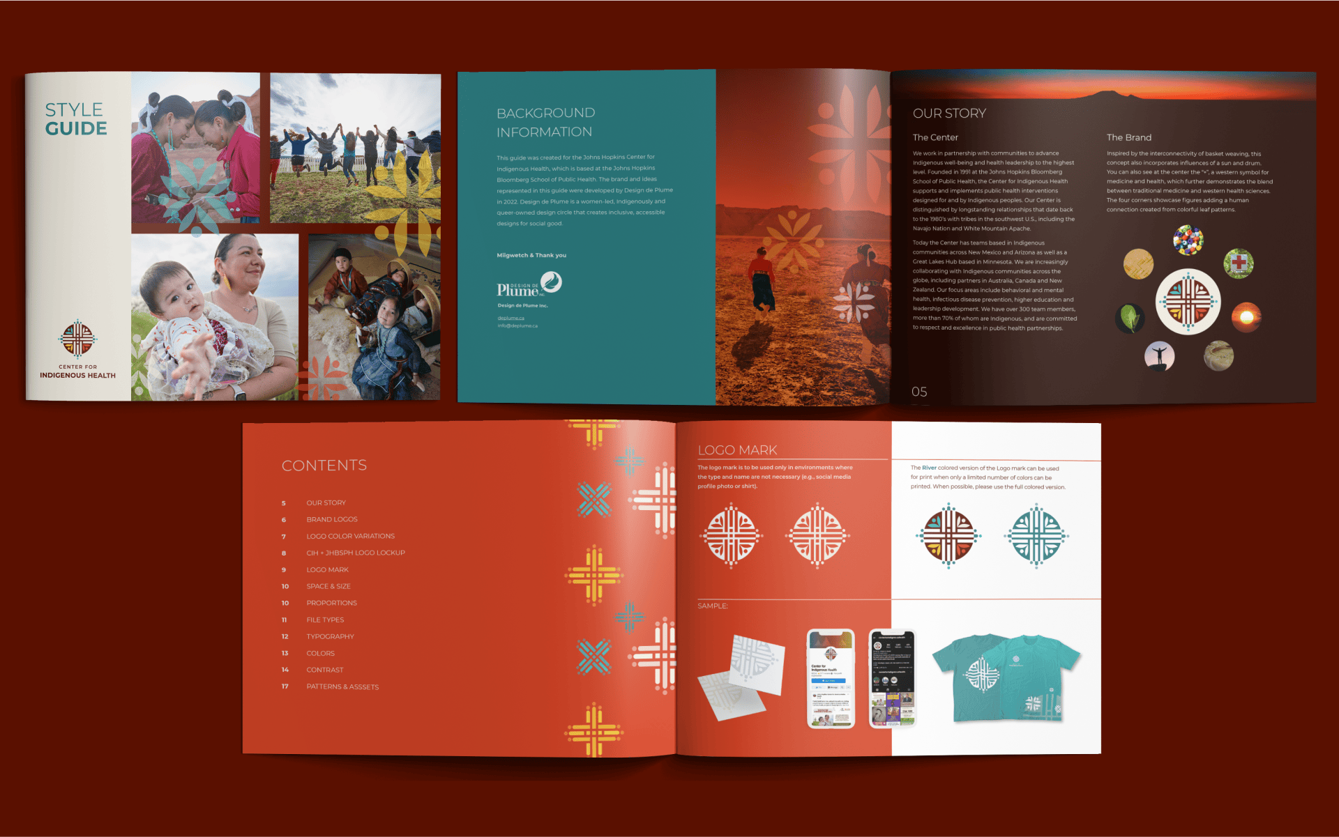 Style Guide booklets spread out showing the background information and logo for the Center for Indigenous Health